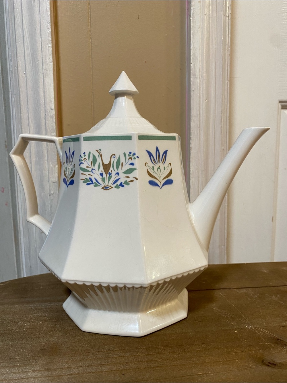 Vintage White Porcelain Teapot with Blue and Green Floral Motif